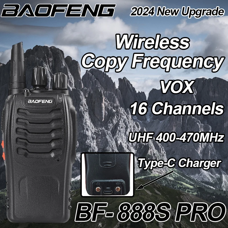 2PCS Baofeng BF-888S Pro Walkie Talkie Long Range Wireless Copy Frequency Type-C Portable 5W 16CH UHF400-470MHz Ham 2Way Radio