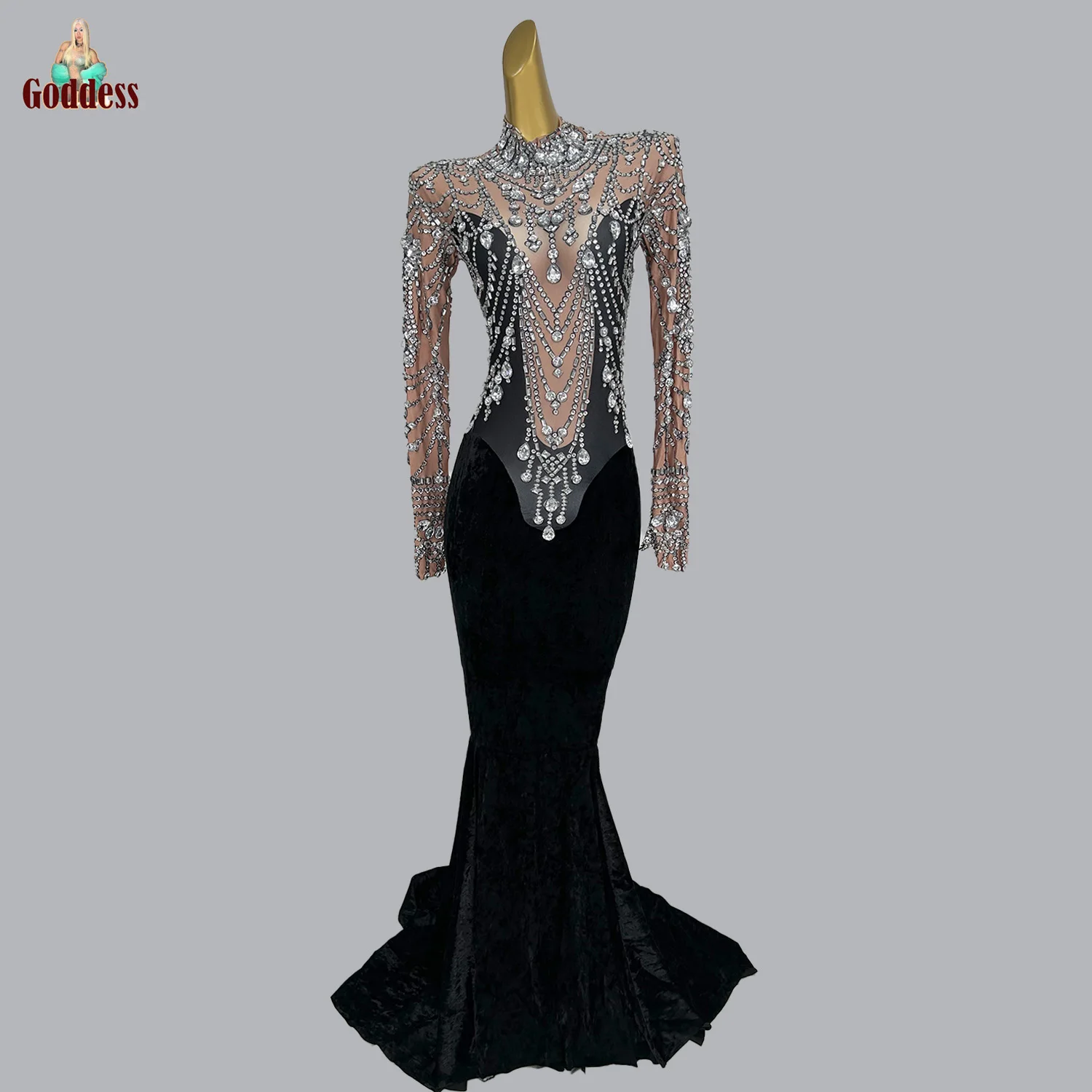 

Women's High-end Spandex Slim Evening Dress Fashion Black Velvet Sexy Long Dress Night Club Party Lady Dinner Wear Stage Costume