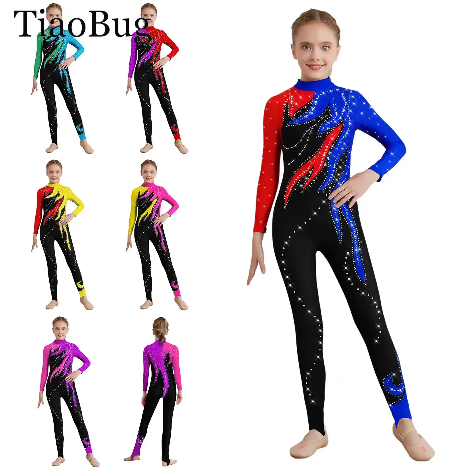 

Girls Color Block Figure Skating Dance Leotard Long Sleeve Rhinestone Ballet Gymnastics Jumpsuit Full Body Suit