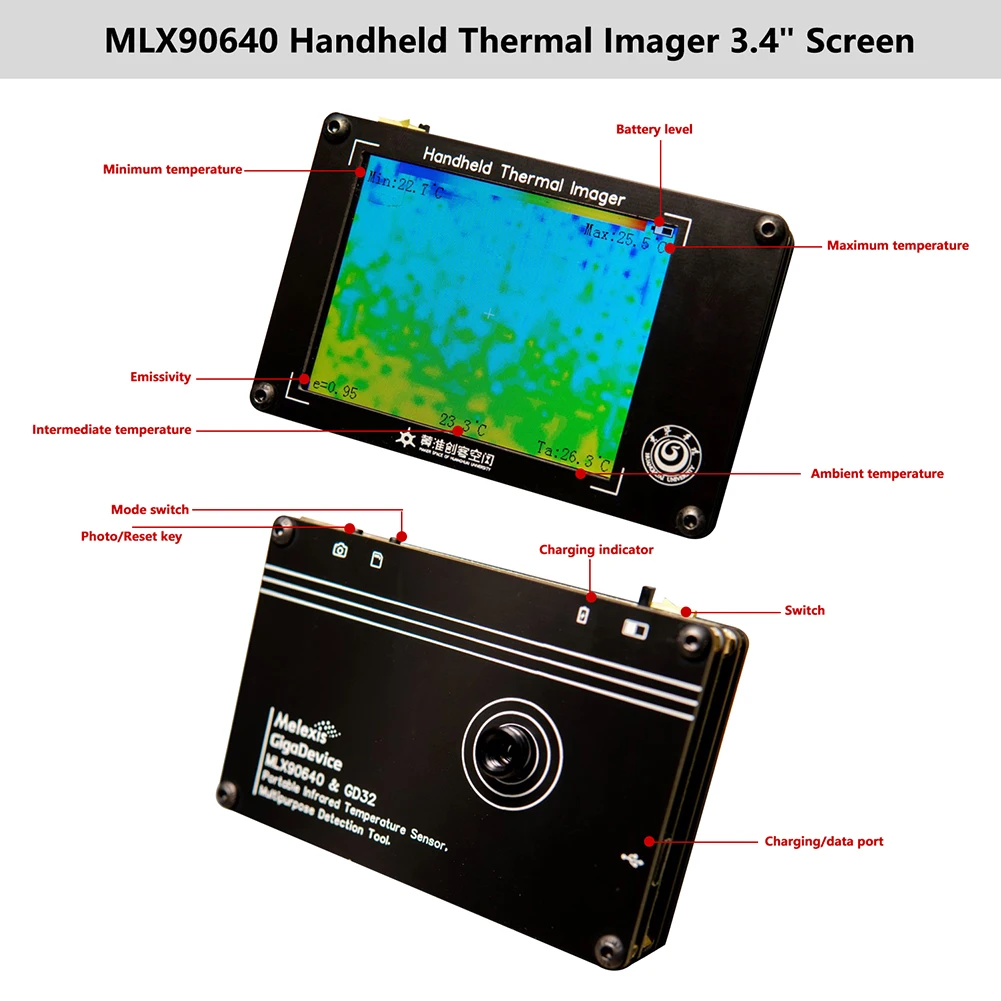 MLX90640 1.8/2.8/3.4 Inch Infrared Thermal Imager TFT Screen LCD Display Thermal Imaging Camera Handheld Temperature Sensor Tool