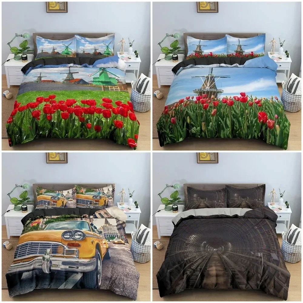 

3PCS Retro Style Bedding Set King Duvet Cover Bedroom Decor Traditional Dutch Windmills Vintage Rails And Cars Bedclothes