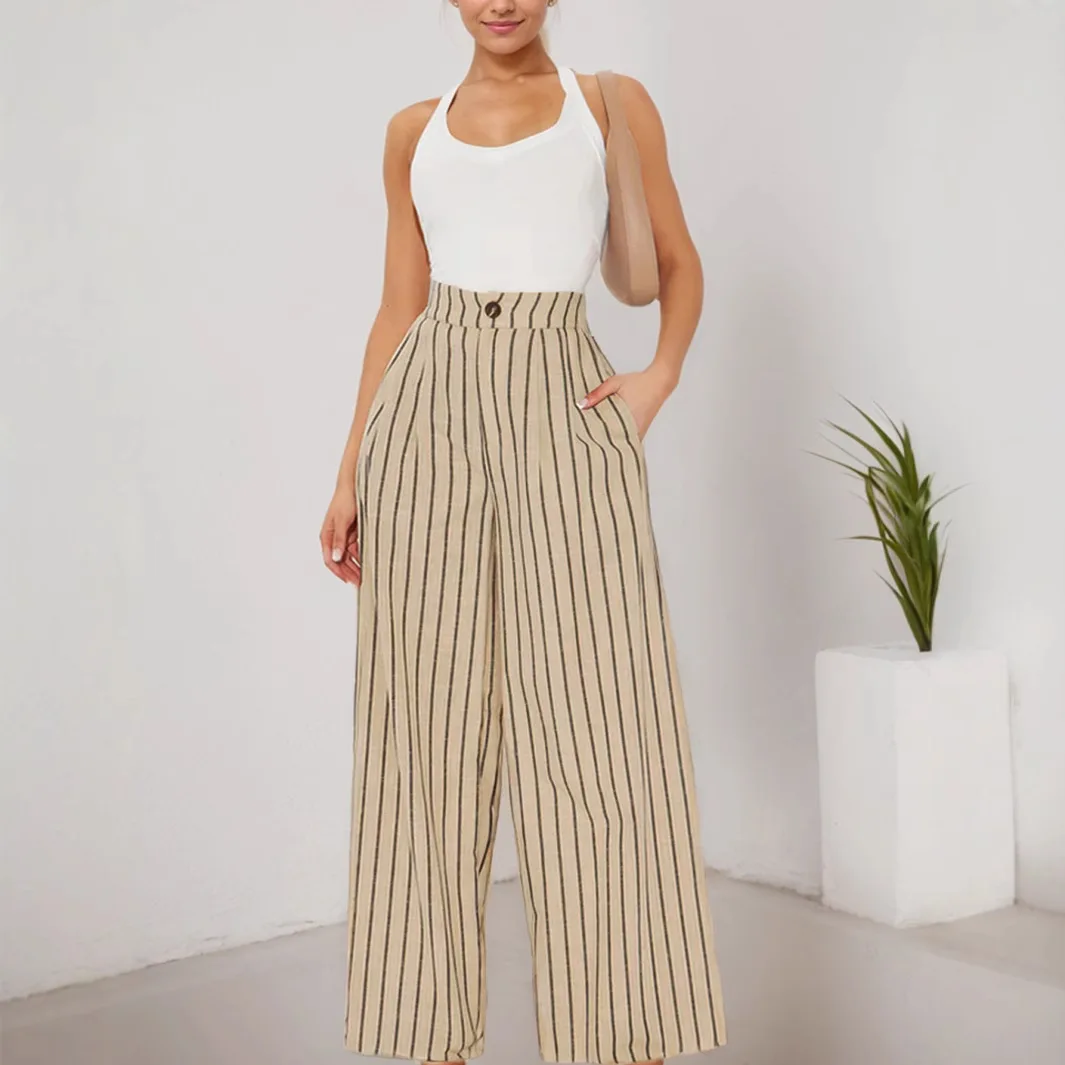 

Women's Cotton and Linen Striped Loose Casual Pants, Fashionable Waist Cinched Wide Leg Pants, 2025