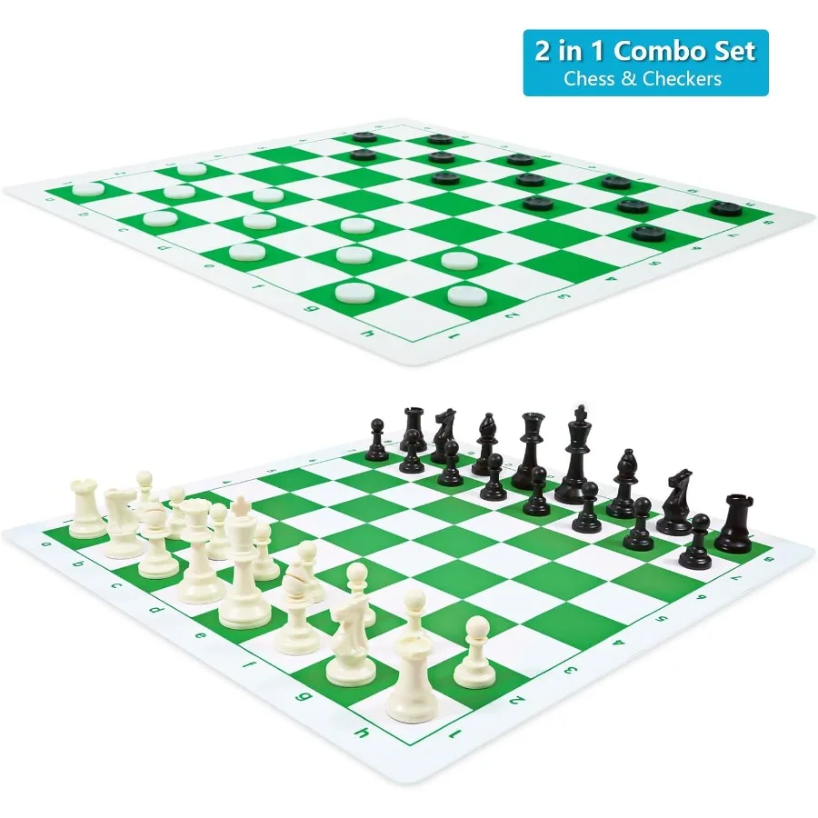 20inch Portable Silicone Chess and Checker Board Game Set with 3.75inch High Plastic Chess Pieces Extra Queens Storage Bag Idea