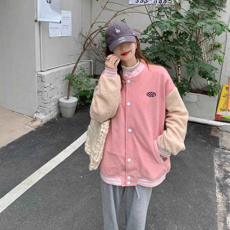 

2025 New Pink American Baseball Jacket Women's College Style Loose Lamb Fur Splicing Short Coat for Small Figures