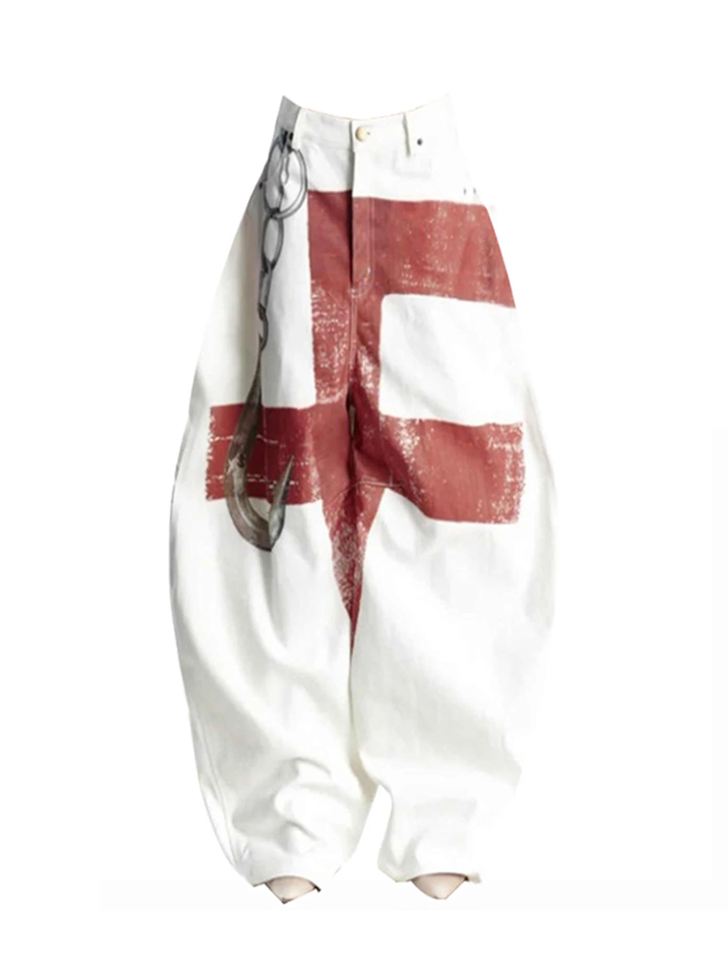 

Women White Y2k Baggy Graffiti Print Jeans Japanese 2000s Style Wide Jean Pants Vintage Harajuku Oversize Denim Trousers Clothes