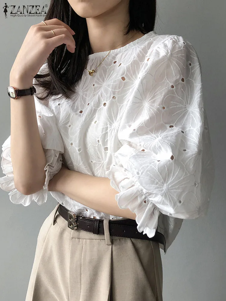 2024 ZANZEA Women Fashion 3/4 Sleeve Ruffles Shirt Solid Hollow Out Blusas OL Work Tops Tunic Elegant Embroidery Floral Blouse