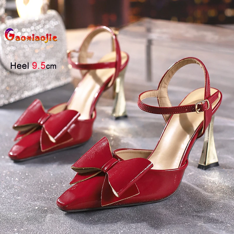 

Лидер продаж, новая женская обувь на высоком каблуке 9,5 см, темпераментные пикантные однотонные сандалии с бантом, модные универсальные сандалии на открытом каблуке