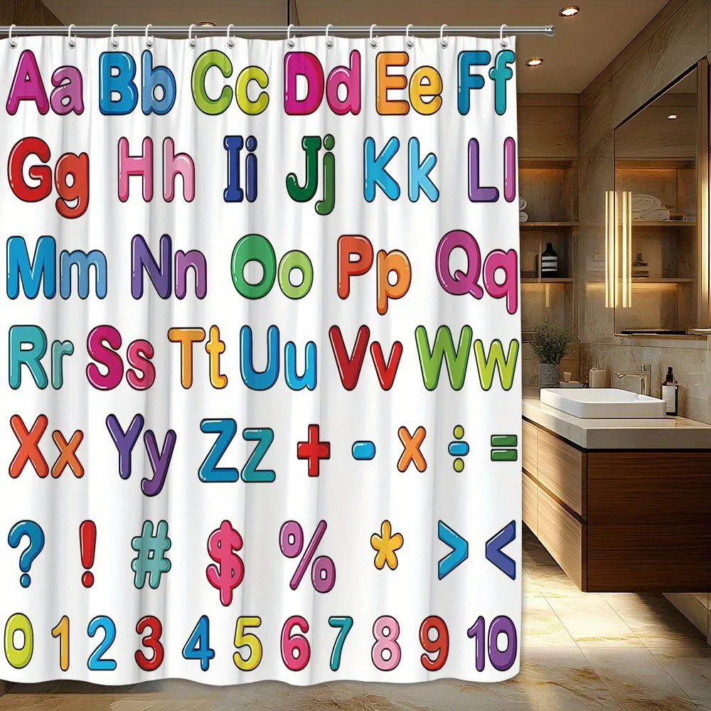Fun Alphabet Number Pattern Shower Curtain for Kids Bathroom Decor Primary Colors Educational Shower Curtain