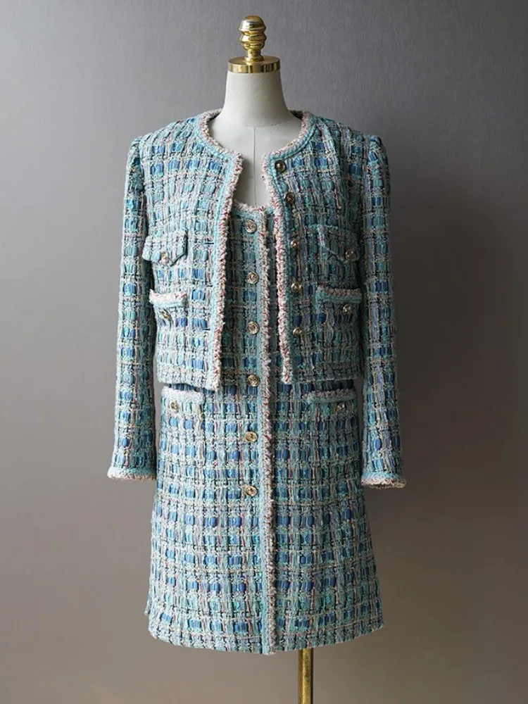 سترة تويد نسائية أنيقة بأكمام طويلة واحدة الصدر منقوشة معطف قصير ربيع الخريف مكتب السيدات مصمم ملابس خارجية الموضة