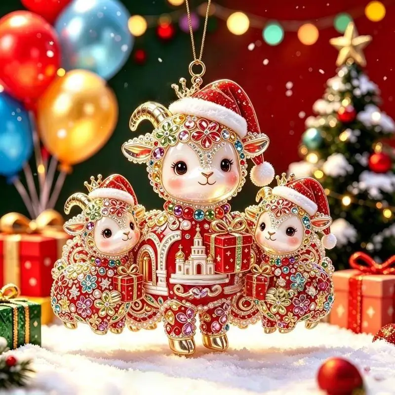 2D Flat Goat Hanging Ornament Shining Artificial Rhinestone Animal Hanging Decoration Acrylic Simulation Keychain