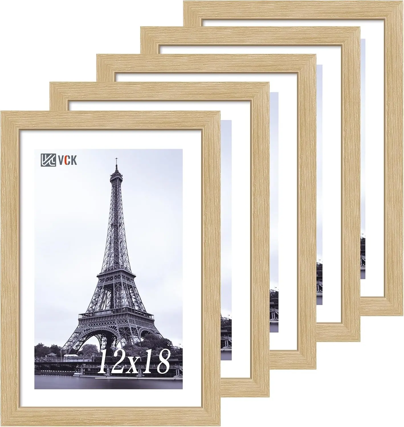 

12x18 Natural Oak Wood Picture Frame 5-Pack, Anti-Glare Glass, Easy Installation for Posters & Photos