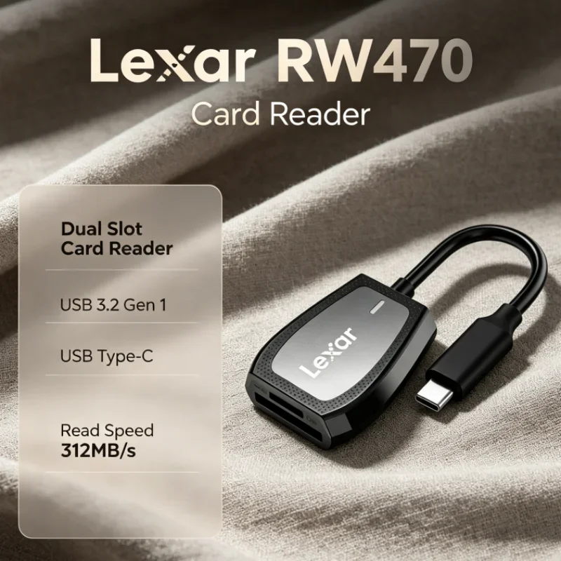 Lector de tarjetas Lexar RW470 2 en 1 USB 3.2 Gen1 Tipo-C de doble ranura SD microSD Uhs-ii con velocidad de lectura de hasta 312 MB/s para transferencia de datos de cámara