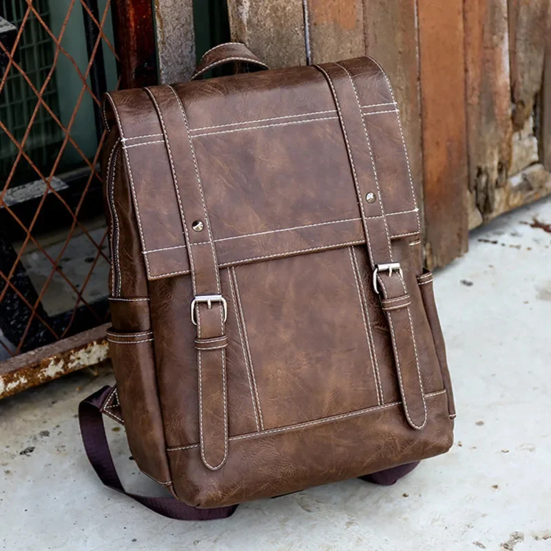 

Vintage Large Capacity Men's Backpack PU Leather Man Sports Travel Anti Theft Laptop Bag Korean School Bags For Boys