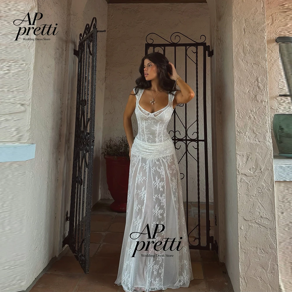AP Pretti Fairy Lace Wedding Dress Customized Bridal Gowns Vestidos Novias Boda Square Neck Sleeveless Floor-Length Straight