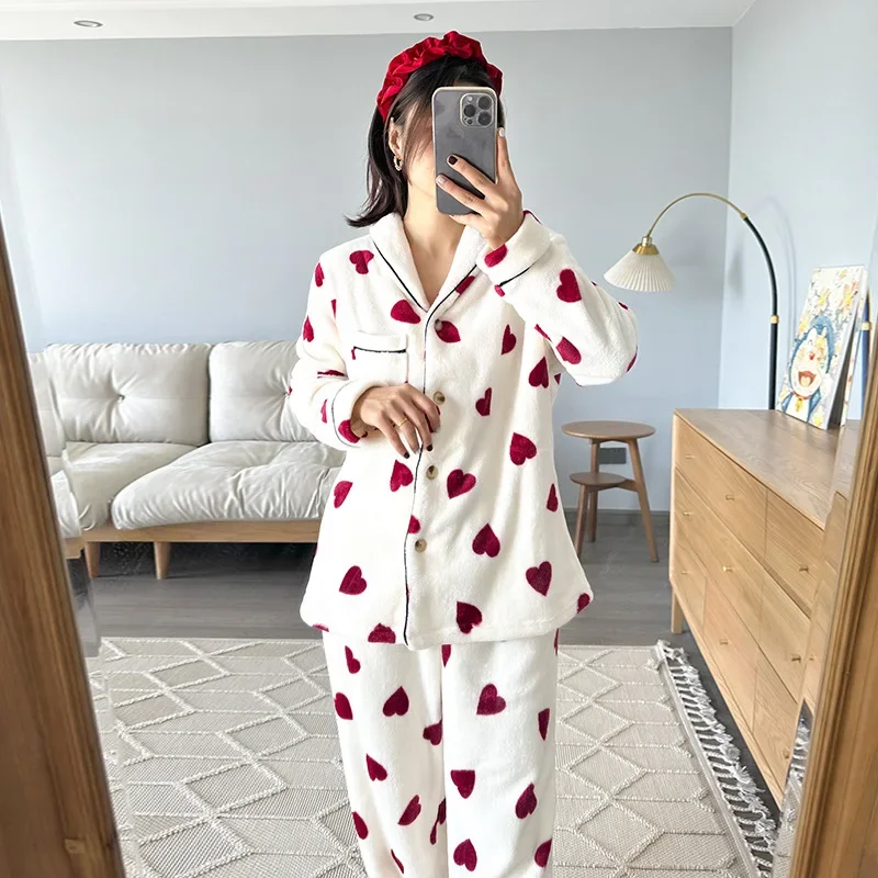 Autumn Winter Thick Pajamas Set for Womens 2 Piece Heart Flannel Soft Homewear Button Down Long Sleeve Loungewear Pjs Sleepwear