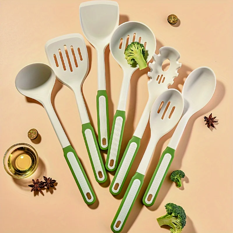 

Silicone handle kitchenware set 7 pieces, white and green, heat insulation silicone spatula kitchenware set