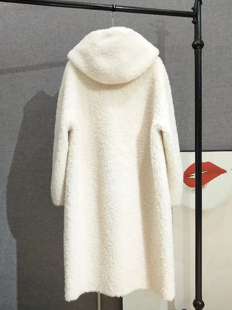 Inverno casual moda feminina casaco de lã com capuz cor sólida quente solto ajuste único breasted moda senhora ovelhas tosquia jaqueta longa