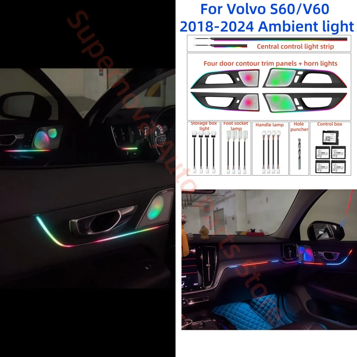 For Volvo S60/V60 2018-2024 Ambient light car interior light upgrade Auto Parts Button &APP control  trim strip Atmosphere lamp