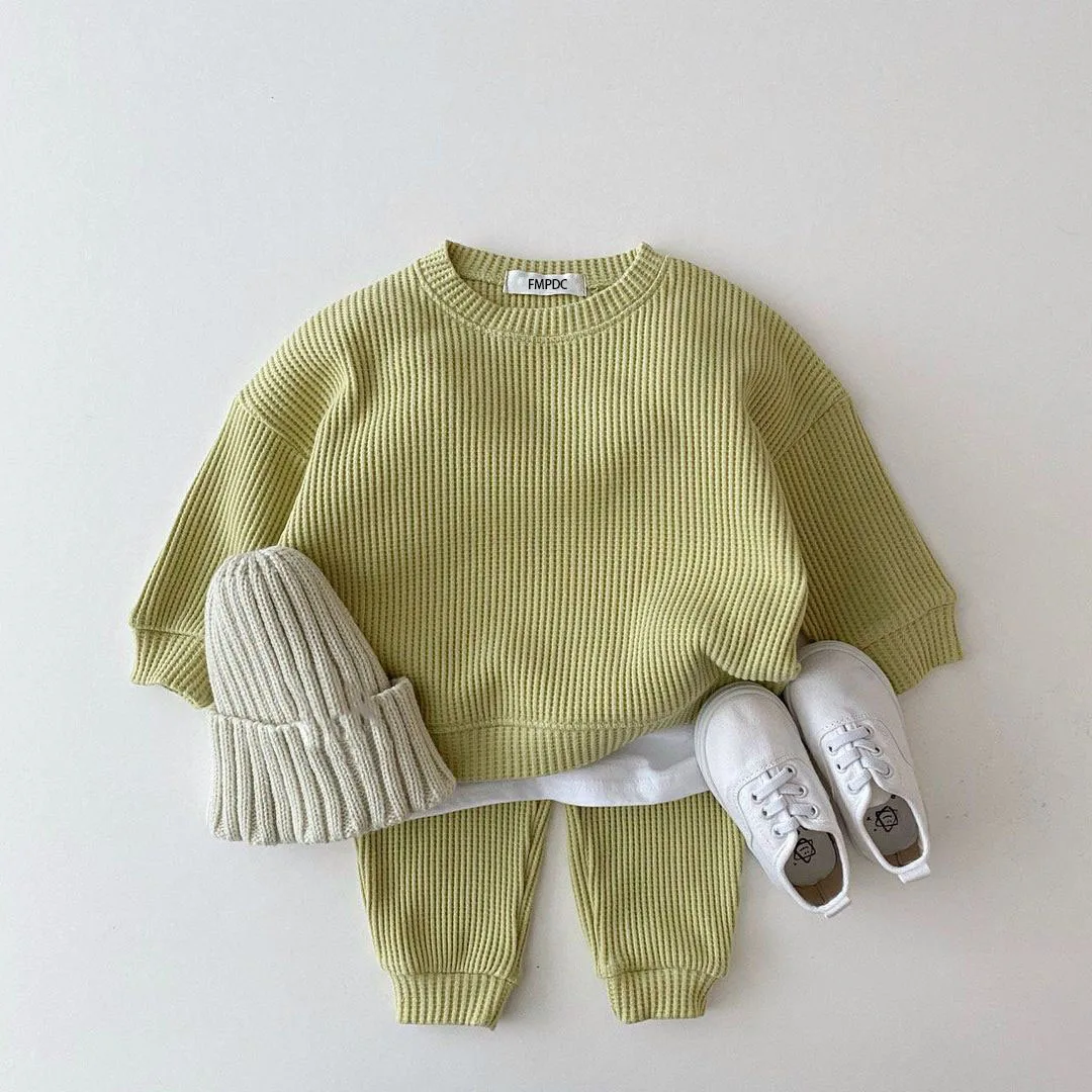 lxdedxm Koreanische Baby Kleidung Sets Waffel Baumwolle Kinder Jungen Mädchen Kleidung Frühling Herbst Lose Trainingsanzug Pullover Tops + Hosen 2PCS Sets 6