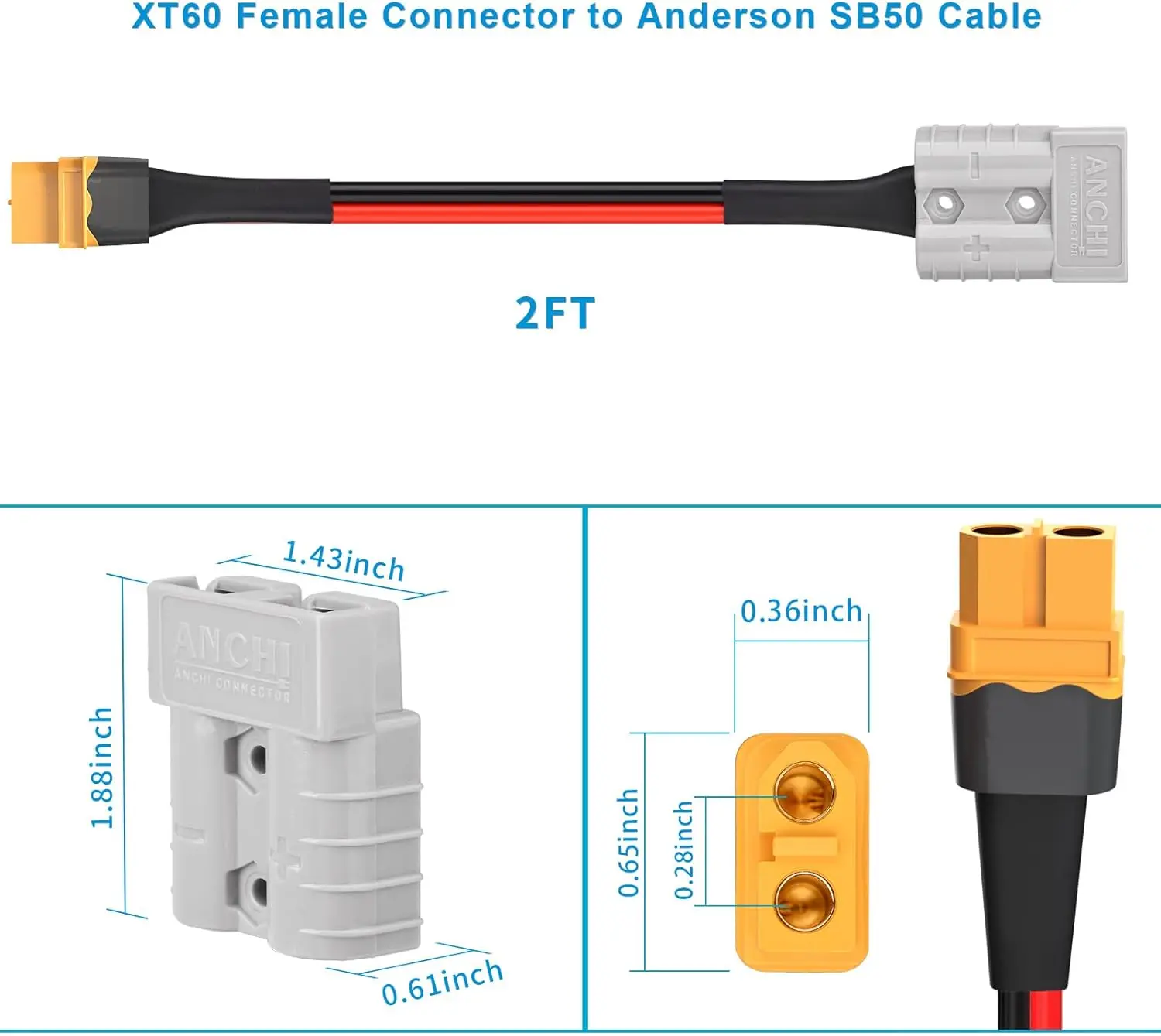 

10AWG 2FT Anderson SB50 Battery Quick Connect/Disconnect to XT60 Female Cable SB50-XT60 Connector Cable for RC Battery Solar Pan