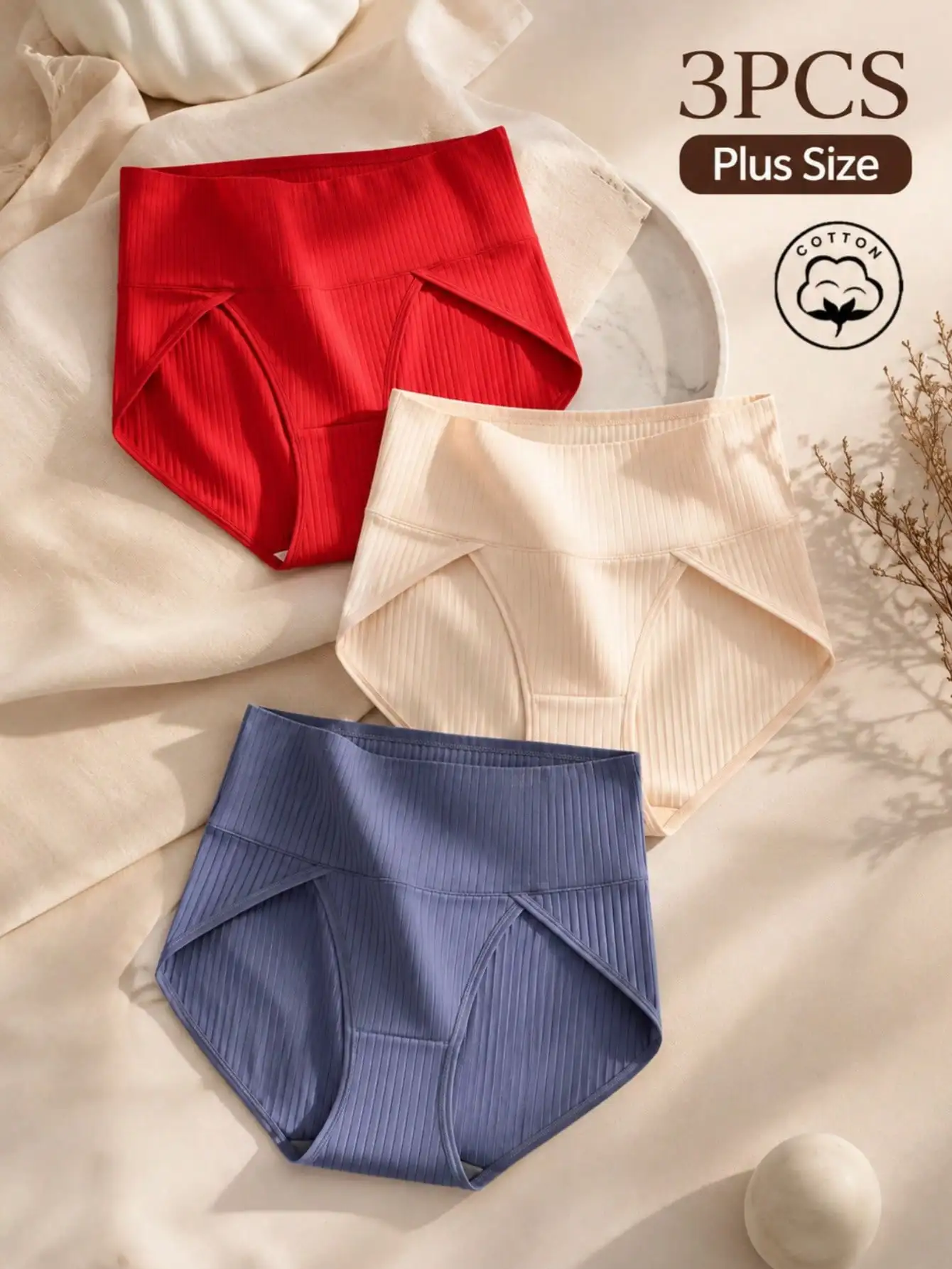 3-teiliges Set aus gerippten Damen-Slips in Übergrößen, einfarbige, weiche Unterwäsche für den täglichen Gebrauch, schlichtes, figurbetontes Set mit mittlerer Bundhöhe, ideal für den Abend.