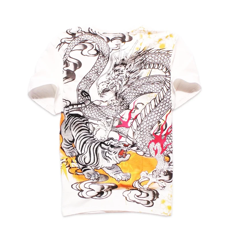 Lyprerazy Japanese Harajuku Ukiyoe Vintage Embroidered T-shirt Men Brother Dragon Tiger Embroidery Chinese Style Tee Shirt