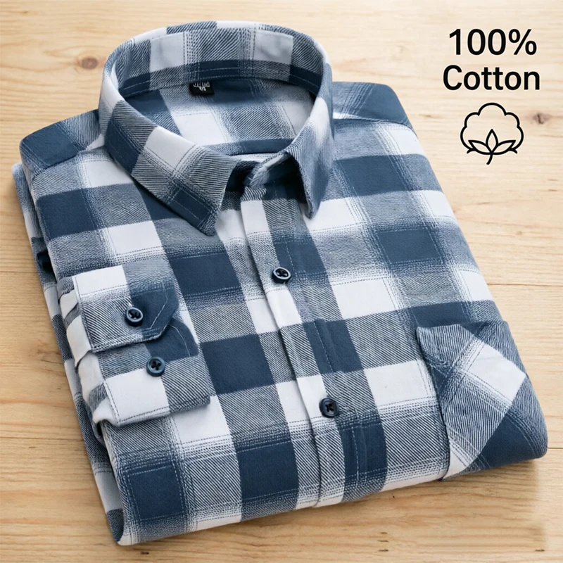 Plus Sized 100% Cotton Men's Plaid Long Sleeve Single Pocket Casual Shirts Slim Fit Comfortable Bussiness Daily Checked Clothing