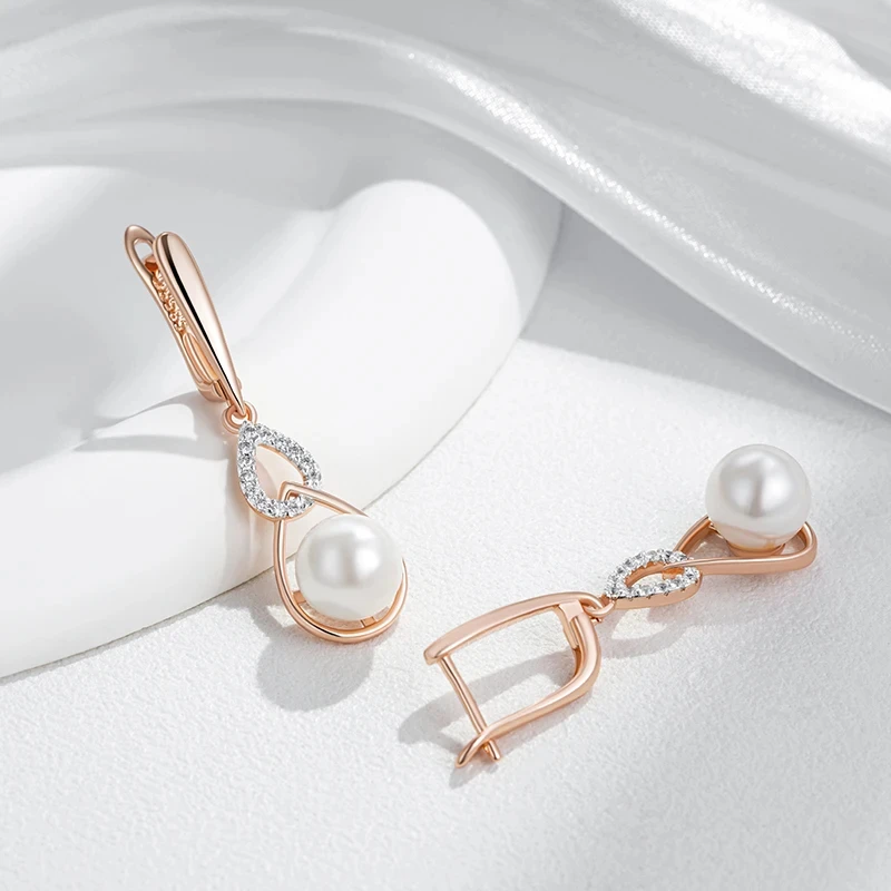 Wbmqda Luxury Pearl Women\'s Long Drop Earrings 585 Rose Gold Silver Color Ethnic Wedding Party Fine Zircon Jewelry Accessories