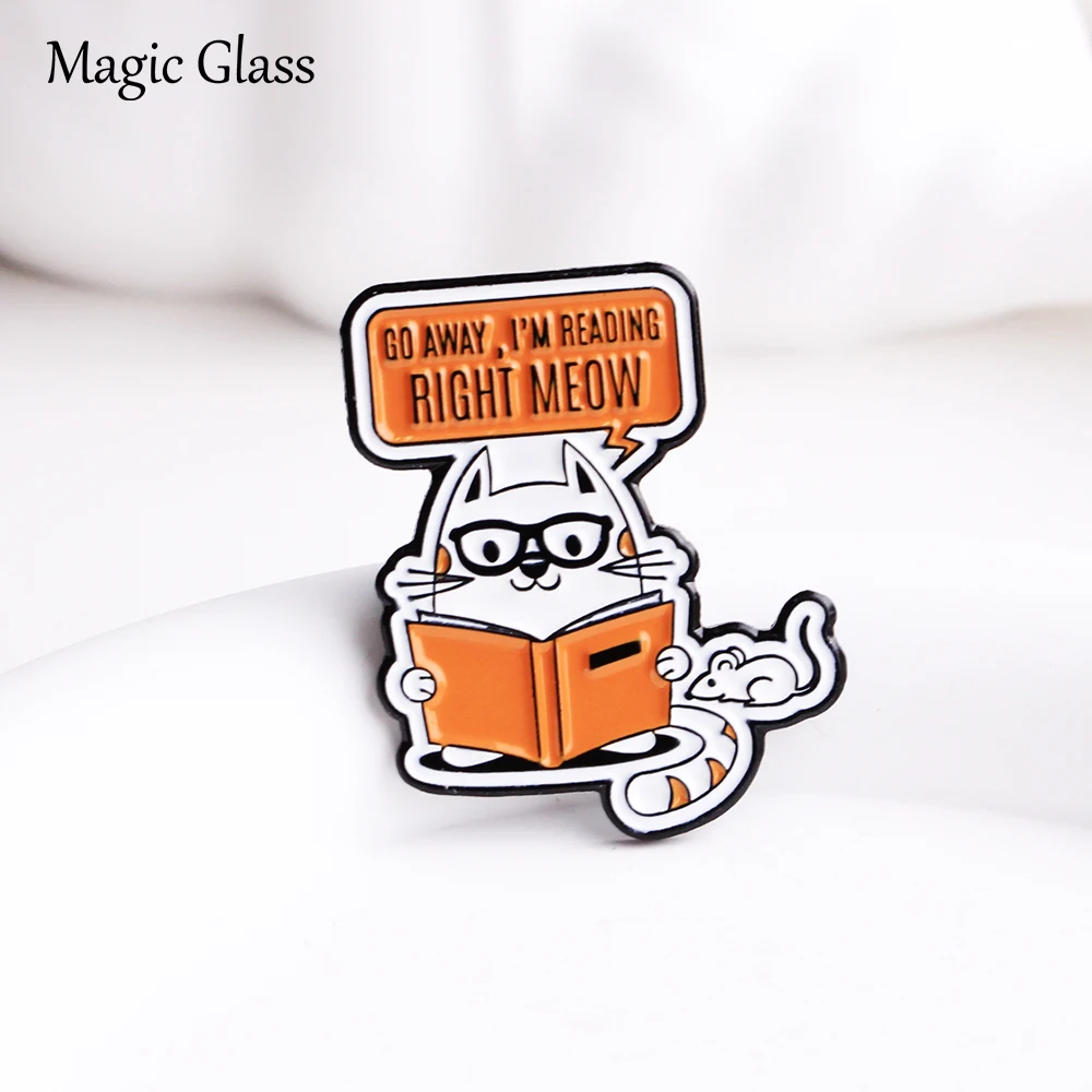 Go Away I'm Reading Right Meow Enamel Pin, Cute Glasses Cat Reading Book Lapel Brooch, Funny Cat Mouse Badge Decor Gift