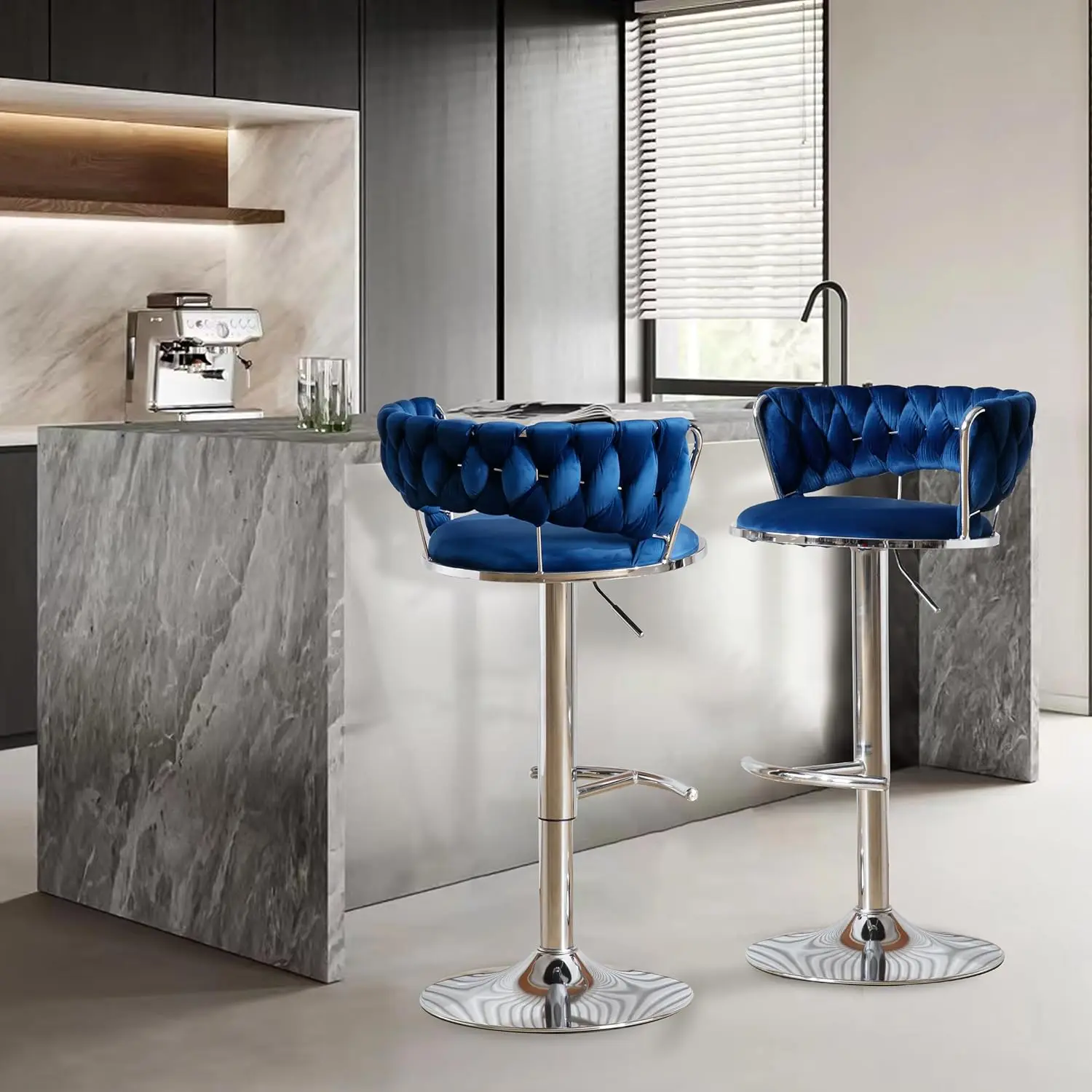 360 Degree Swivel Bar Stool Set Of 4,Modern Velvet Height Adjustable Counter Stools,Comfy Upholstered Kitchen Island Bar Chairs