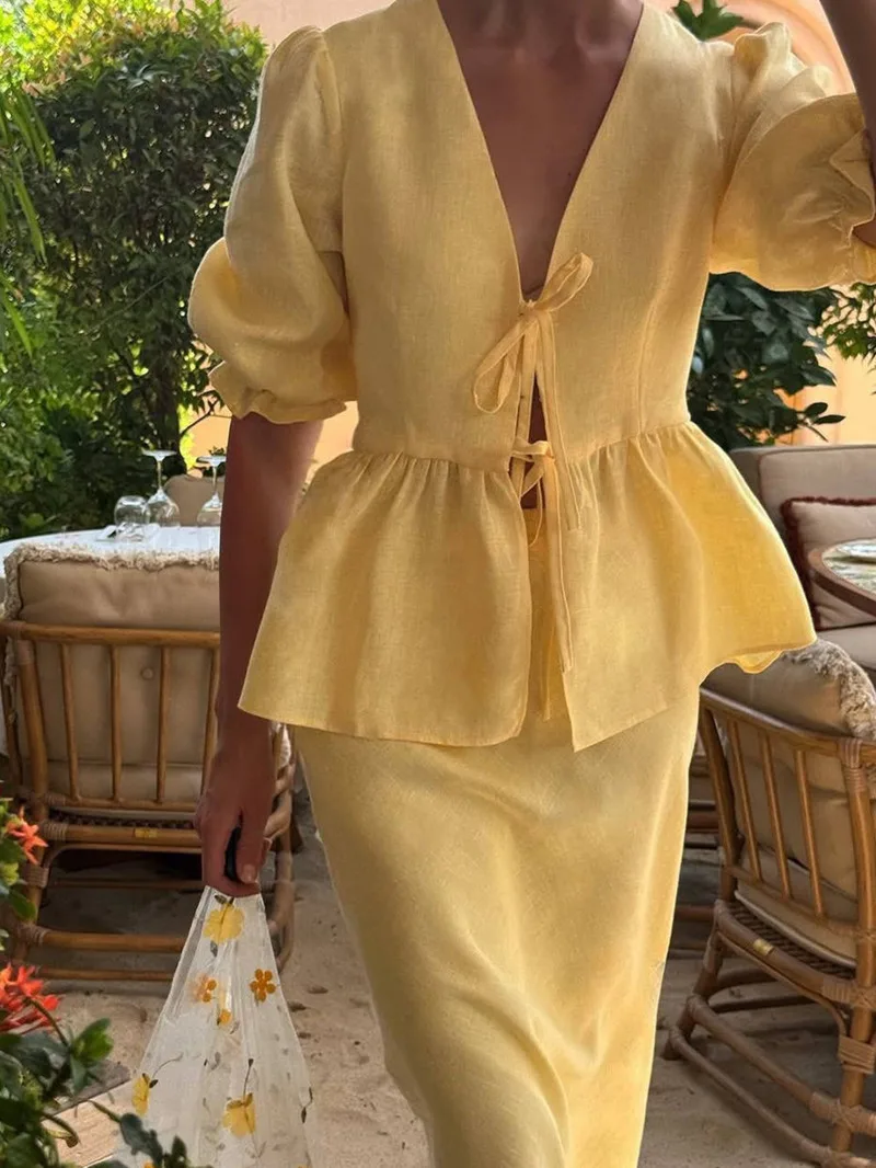 Élégant pur coton à lacets t-shirt jupe ensemble assorti femmes 2025 nouveau à volants manches bouffantes hauts une ligne jupe dames tenue décontractée