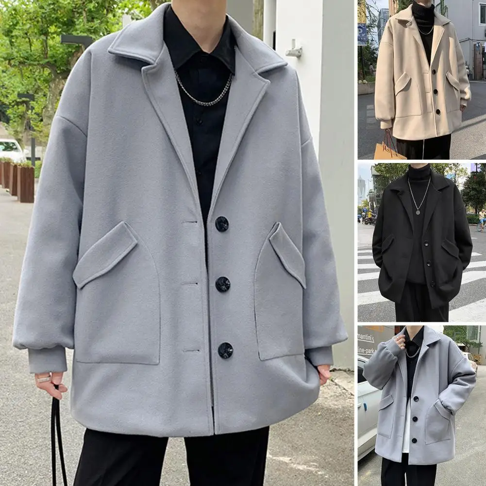 Men Woolen Coat Lapel Long Sleeve Single Breasted Windbreaker Loose Fit Mid-length Coat With Pockets Formal Wear