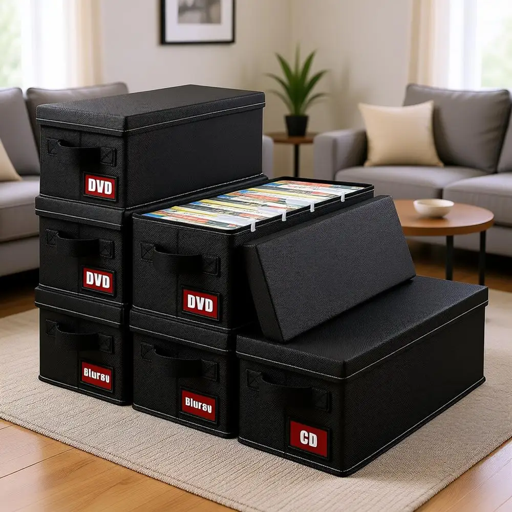 

6-Pack Large DVD Storage Cases with Lid, Stackable Fabric Media Organizer for Up to 156 DVDs, Ideal for Blu-rays, Video Games, C