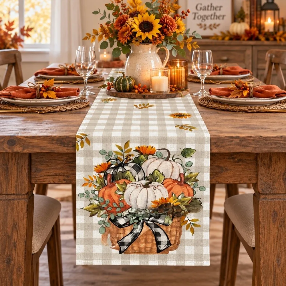 Maple Leaf Pumpkin Table Runner Flower Holiday Party Autumn Harvest Table Flag Desk Decor Leaves Thanksgiving Table Runner