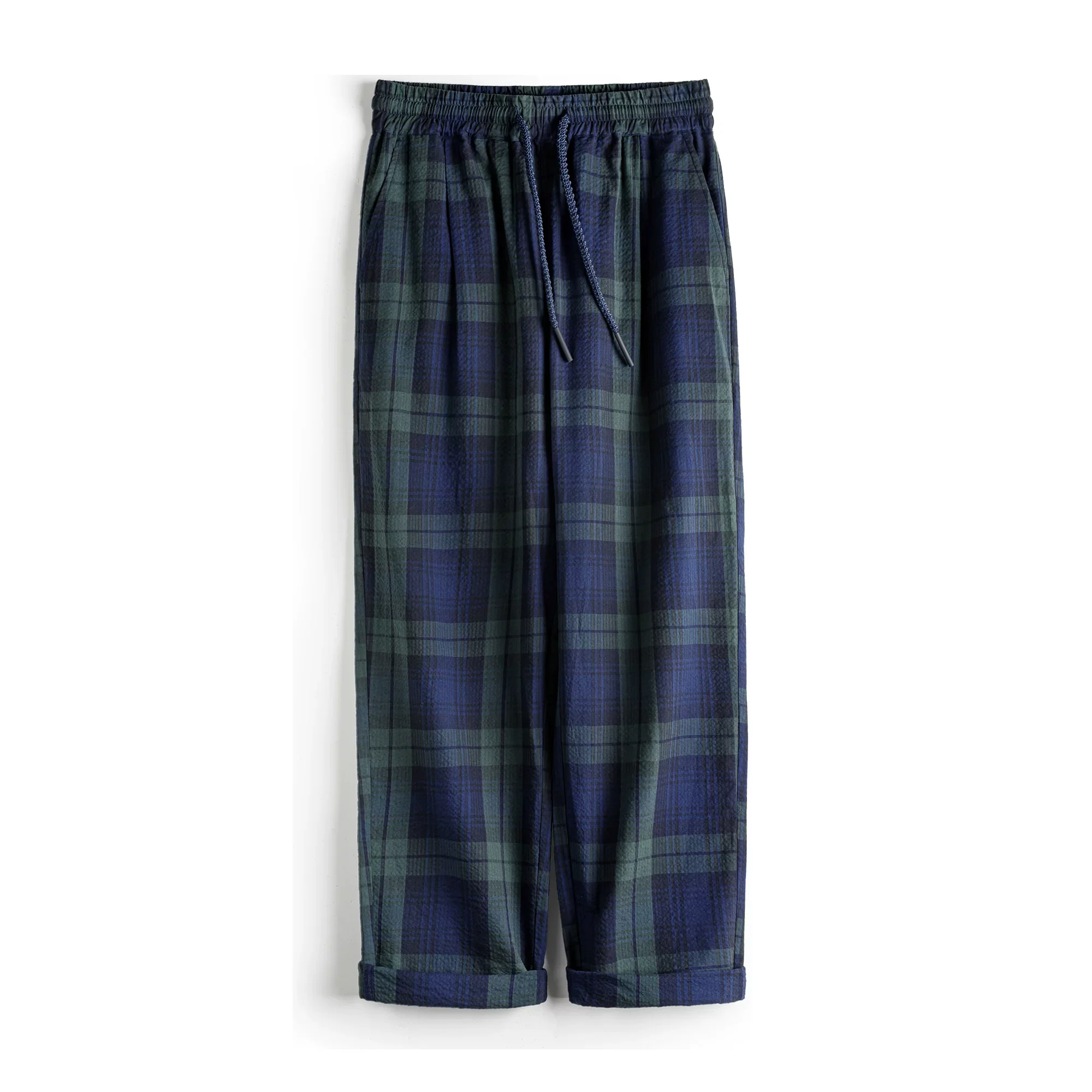 

Retro Casual Scottish Plaid Pants with Bubble Gauze Texture Blue-green Plaid Long Pants for Men in Spring and Summer
