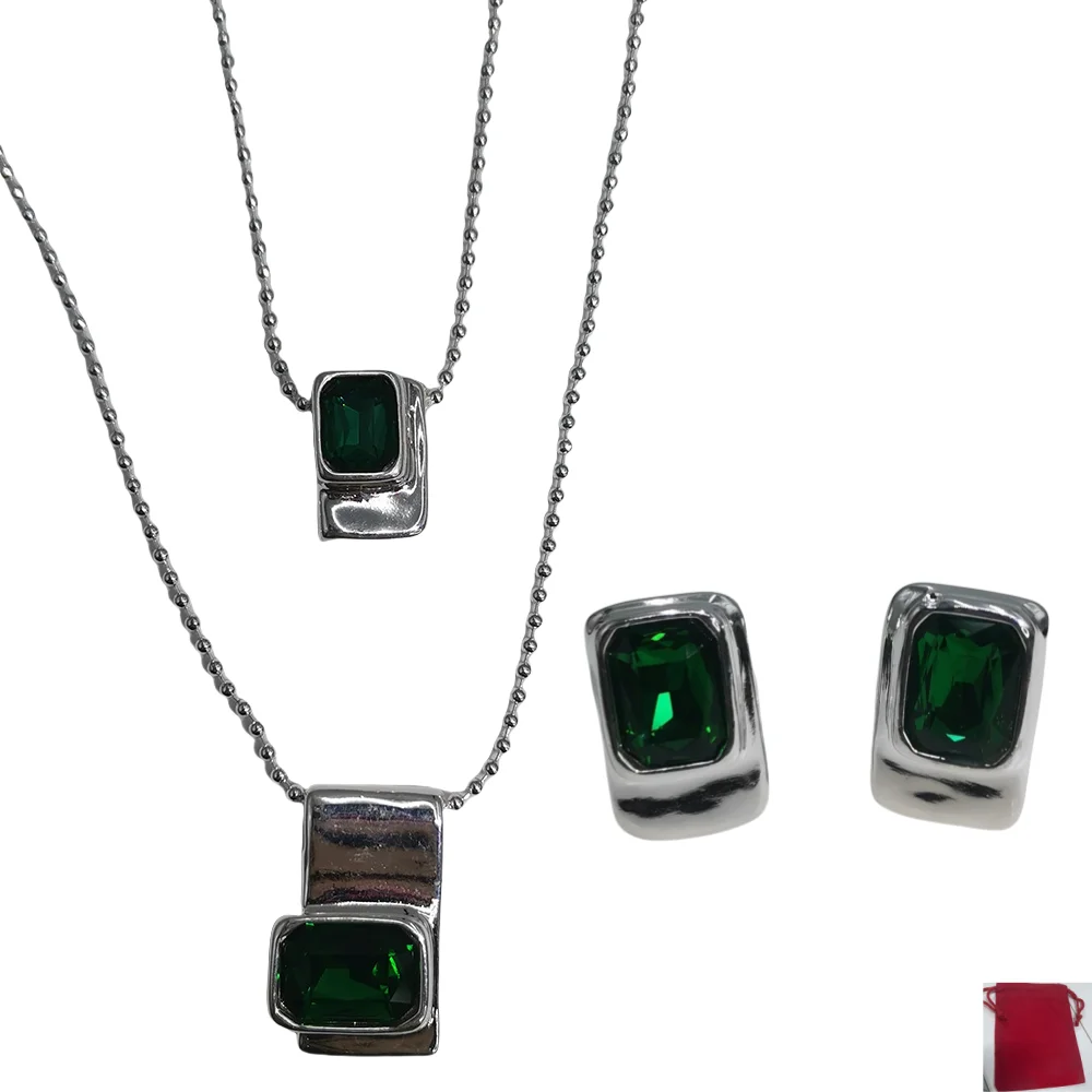2026 Spain Fresh Fairy Wind Gold Silver Geometric Green Zircon Earrings Necklace Two Piece Set Party Gift