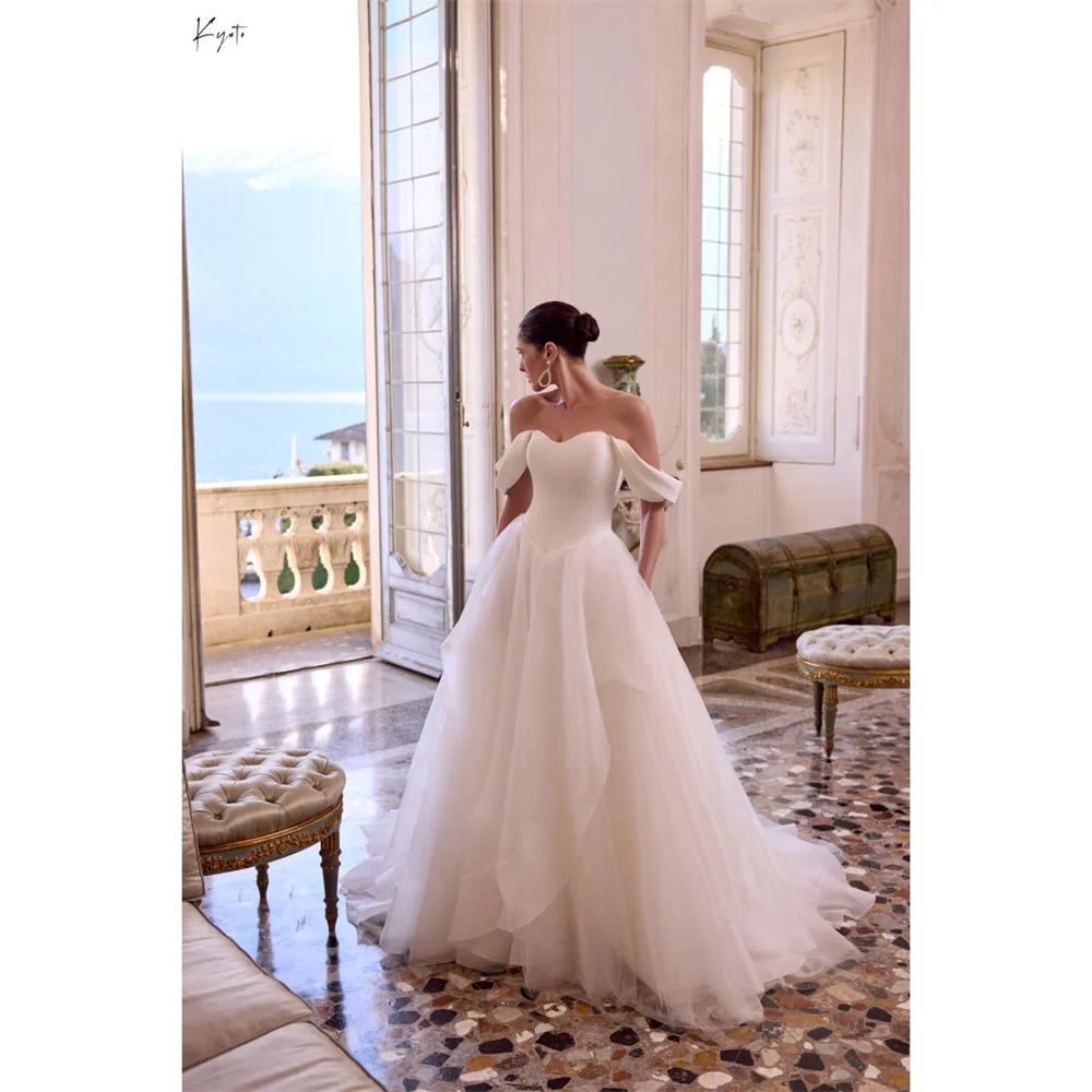 京都カスタムメイドホワイトレイヤードオフショルダーウェディングドレスシンプルローバックフォーマルドレスAラインスイープトレインフォーマル2025