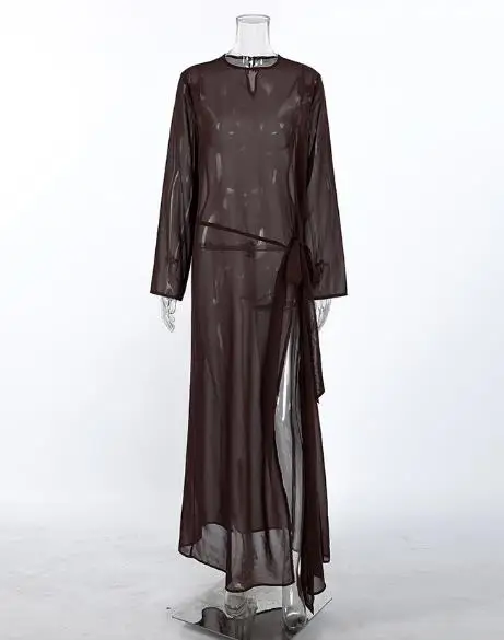 

Women Dress 2026 Spring Summer Solid Color New Sexy Mesh Perspective Round Neck Long Sleeve Lace Bow Split Long Dress