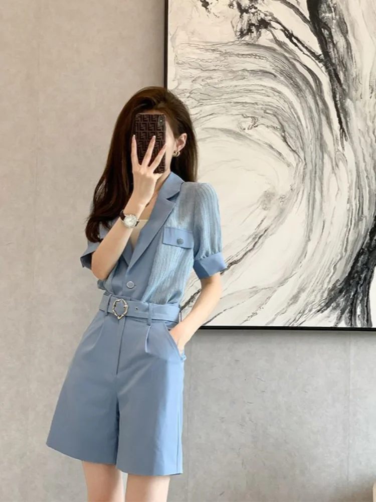 

Short Sets for Women 2 Pieces Business Blue Woman Shorts Splicing Korean Style Suit With Complete Two Tailor Fashion Kit Trends