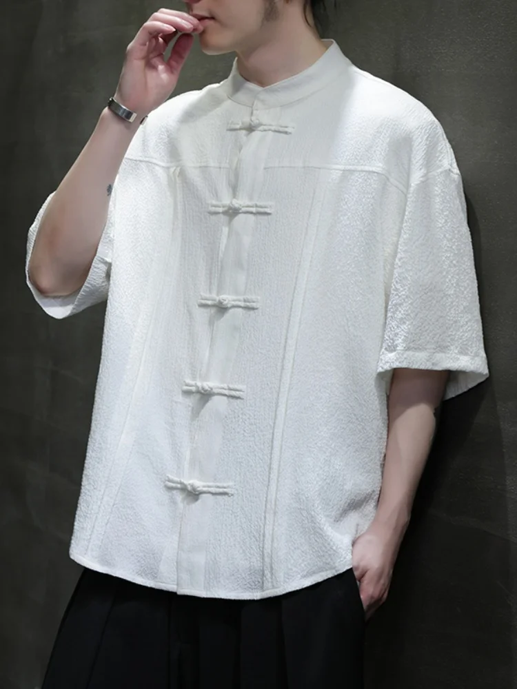 

Мужская летняя рубашка свободного кроя из ледяного шелка с коротким рукавом, модная, брендовая, плиссированная, в стиле Тан, новая, в китайском стиле, молодежная, в стиле фэшн.