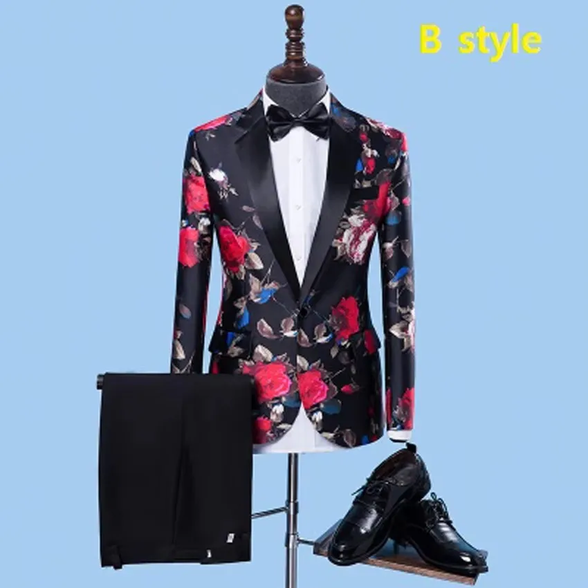 Auriparus flaviceps Floral Groom Tuxedos 2 Pieces Groomsman Suit Costumes white pant Printed Suits Performance Man Suits Stage