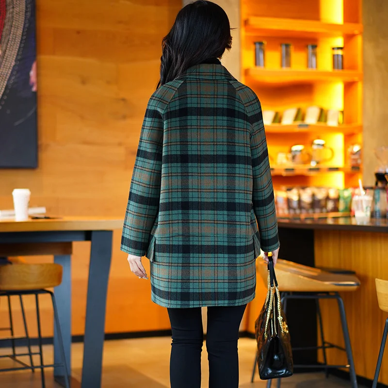 

Women Woolen Coat 2026 New Autumn Winter High-end Korean Version Mid-length Versatile Double Breasted Plaid Woolen Suit Jacket