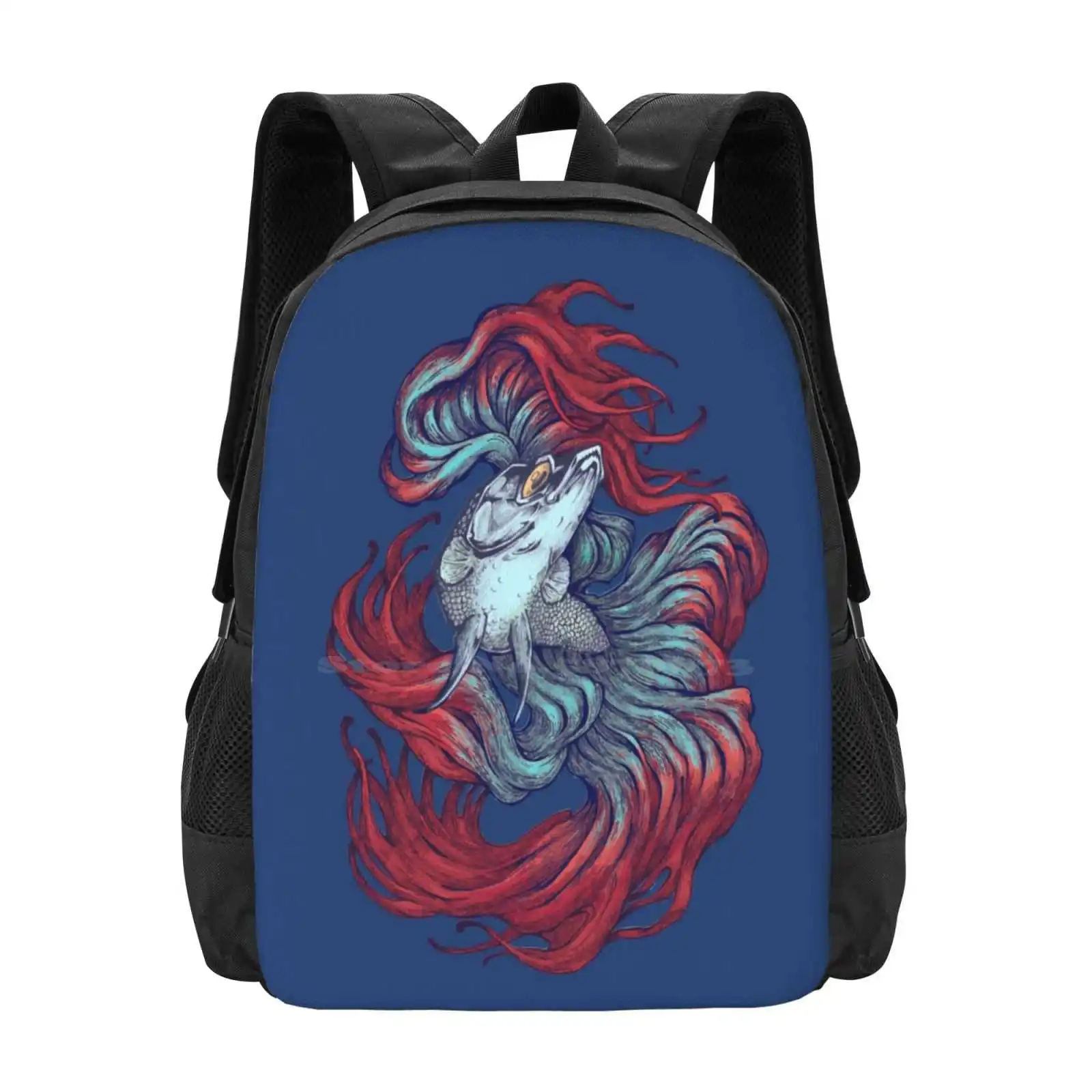 Betta New Wave Pattern Design Bag Student's Backpack Fish Asian Animal Blue Red East Thai Fighting River Nature Water Pet Bettas