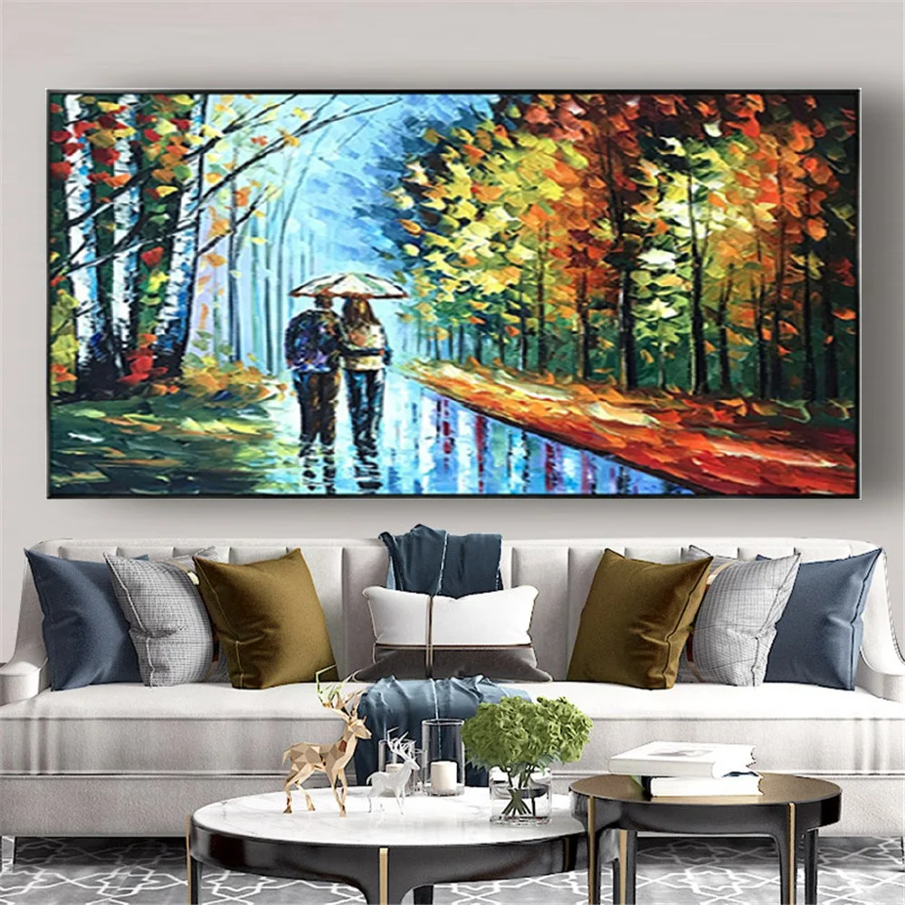 

100% Handpainted City Couple Umbrella Oil Painting Unique Gift On Canvas Home Decor Wall Art Pictures For Living Room Decorate