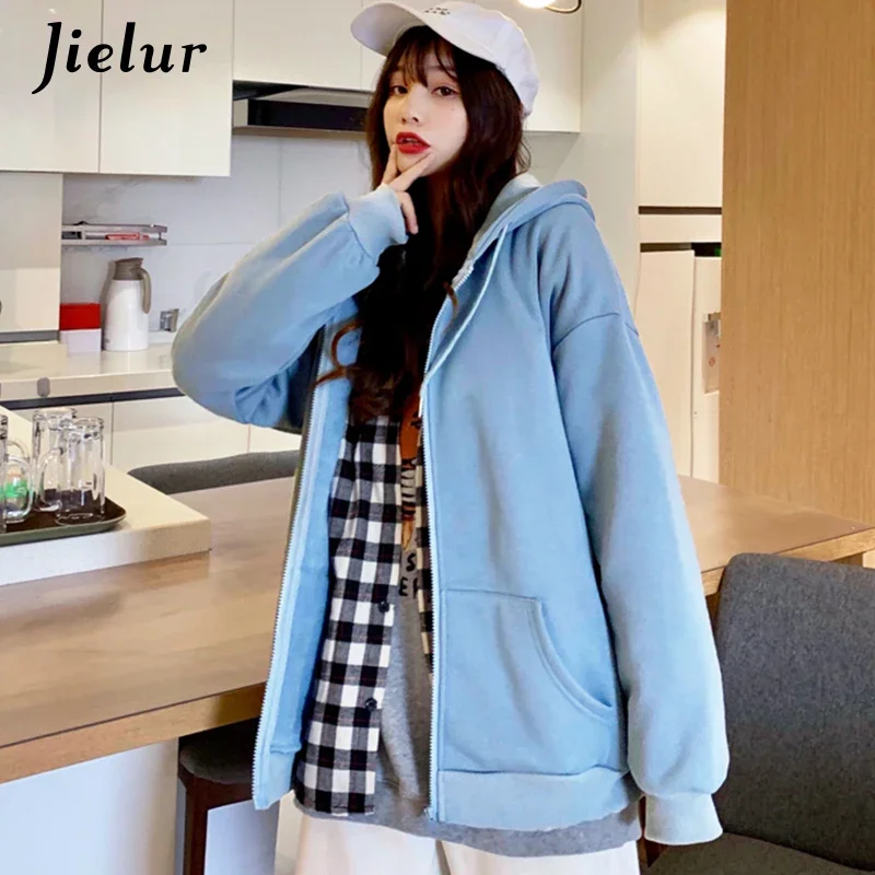 Jielur Autumn Loose Hooded Female Sweatshirt Blue Yellow Fashion Zipper Zip-up Cool Tracksuit Korean Women Hoodies Pullover M-XL