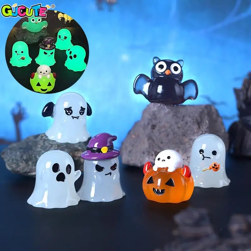 6Pcs/set Luminous Halloween Ornament Cartoon Owl Ghost Pumpkin Fairy Garden Micro Landscape Decoration Dollhouse Miniature Toy