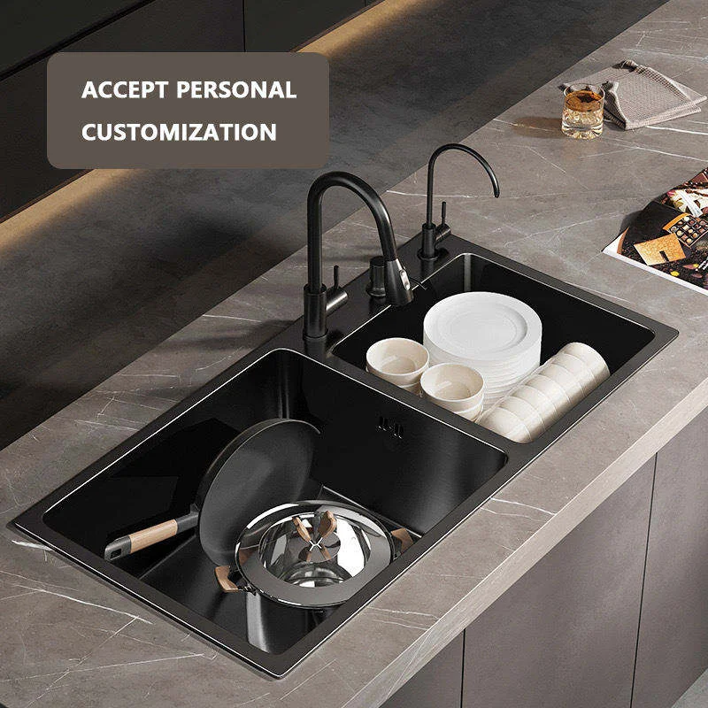 Handcrafted Double-Bowl Stainless Steel Sink One Side for Washing Vegetables the Other for Washing Dishes Custom Sizes Available