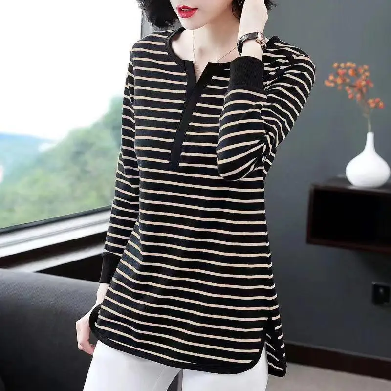 2023 Simplicity New Casual O-neck Pullovers Undercoat Loose Striped Printing Long Sleeve T-Shirts Office Lady Women's Clothing