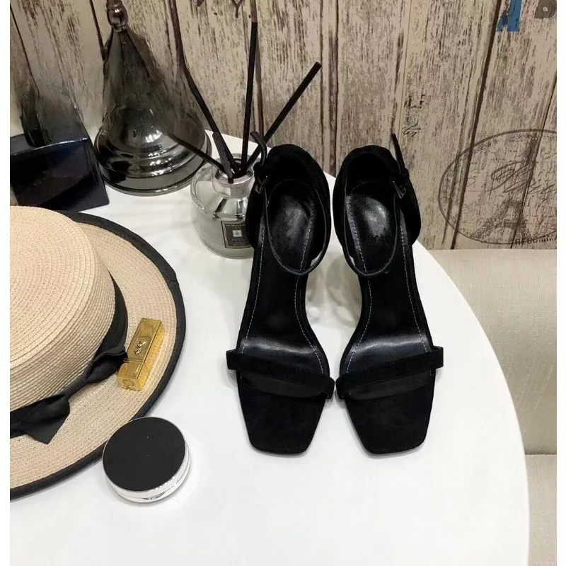 Summer Sexy Lady Fashion Women\'s Shoes Casual Designer Black Leather One Strappy Sandal Metal High Heels Gladiator Zapatos Mujer