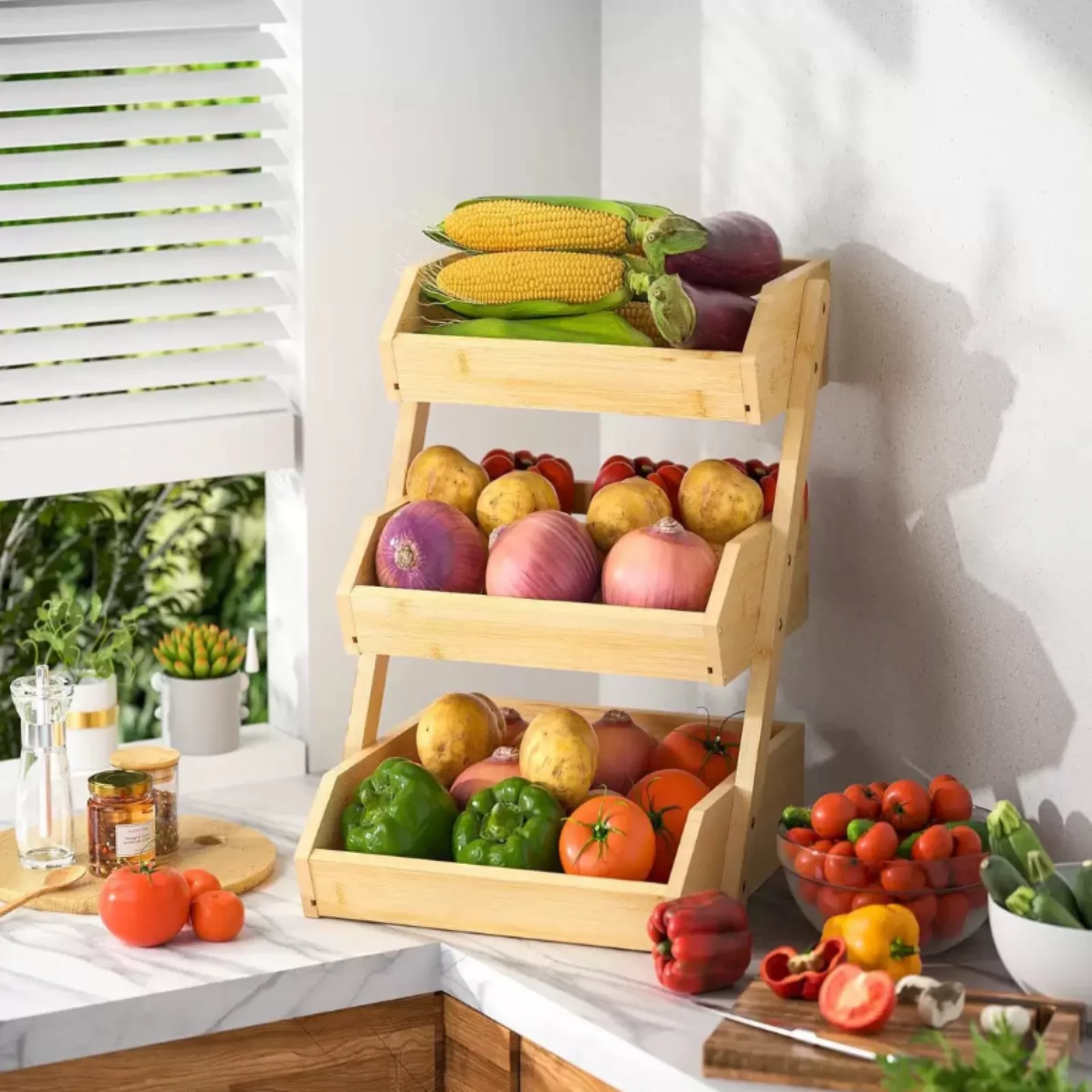 3 Tiers Plant Stand Bamboo Kitchen Tabletop Vegetable and Fruit Drain Storage Sasket Plant Flower Pot Holder Desktop Storage